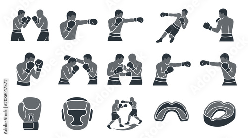 Fotografie Boxer fighter icons and equipment symbols.