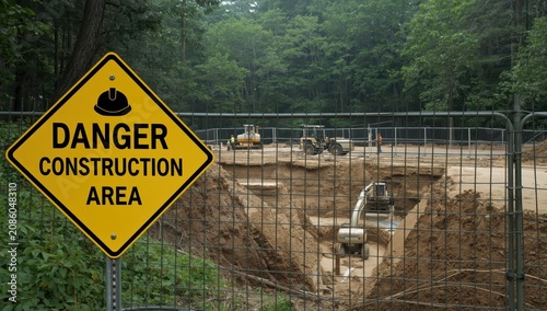 Caution sign alerting the public to a construction area beyond the fence. New drainage work is creating deep holes and excavations.