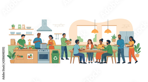 Diverse Friends Cooking and Eating Together in a Modern Kitchen