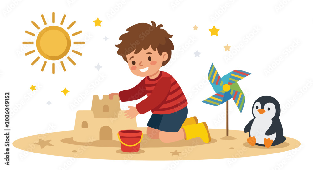 Naklejka premium A happy young boy in a red striped shirt and blue shorts builds a sandcastle on a sunny day with a penguin and pinwheel nearby.