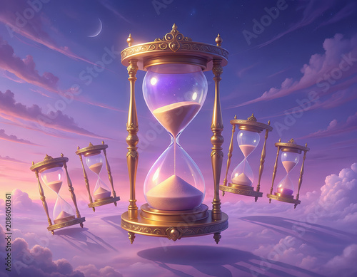 Fantasy hourglass floating sand timer dreamy sky purple cloud golden frame surreal art time concept magic glow soft light moonlight fantasy hourglass floating dreamy sky with purple cloud