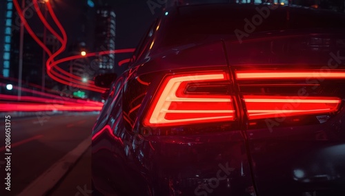 Nighttime city scene featuring a modern car's right LED tail light. Close-up of red neon streaks in the background and reflections of street lights on the vehicle's surface.