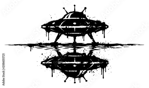 Foto Flying saucer UFO reflecting on wet ground in grunge ink style