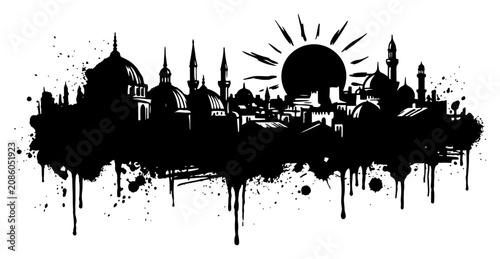 Obraz na płótnie Middle Eastern city skyline with mosques and minarets in silhouette ink splash s
