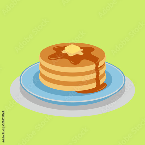 A stack of golden pancakes with syrup sits on a blue plate