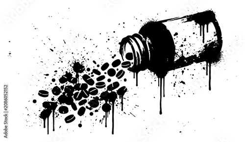 Fotografie Pill bottle spilling medication tablets in dark grunge ink style