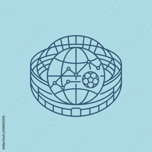 A blue line icon of a global soccer stadium arena