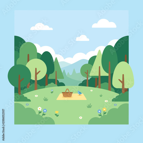 A peaceful picnic scene in a lush green forest clearing