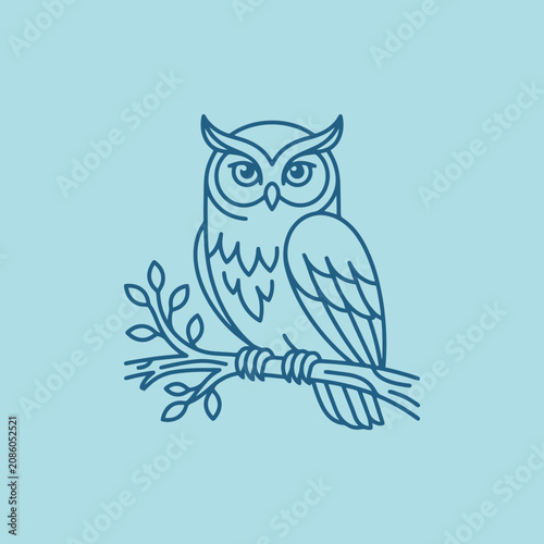 A blue line art owl sits on a branch