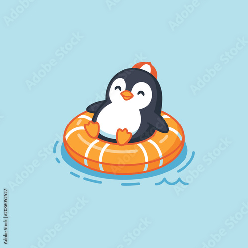 A cute cartoon penguin floats happily on an orange life ring