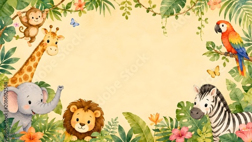 Cute safari animals frame with jungle plants and flowers, watercolor style illustration for kids
