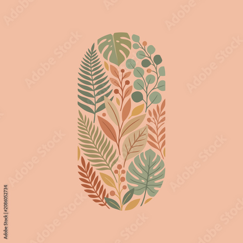 A vertical oval frame filled with various colorful botanical leaves