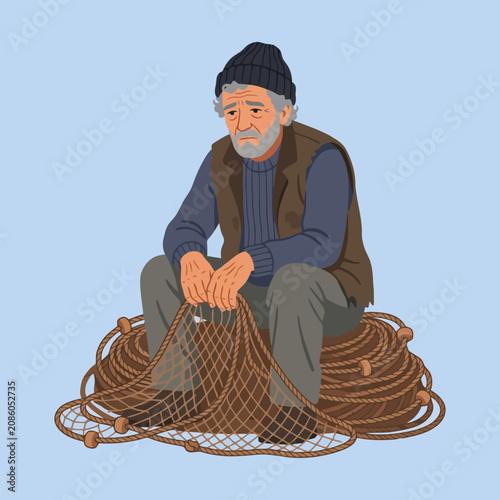 An elderly fisherman sits on a rope while holding a net