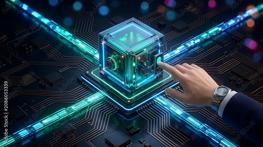 Fototapeta premium Biometric authentication showing a hand scanning a fingerprint on a glowing digital glass security safe on a cyber circuit board