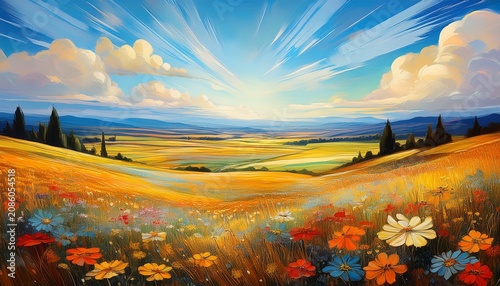 An Immense Prairie Landscape Painted In Thick Oil Layers With Vast Fields Of Wildflowers Stretching Towards A Distant Horizon Under A Bright Expansive Sky Generative Ai