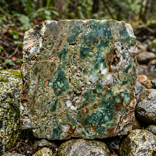Close up of a green and brown lizard camouflaged on rocks.