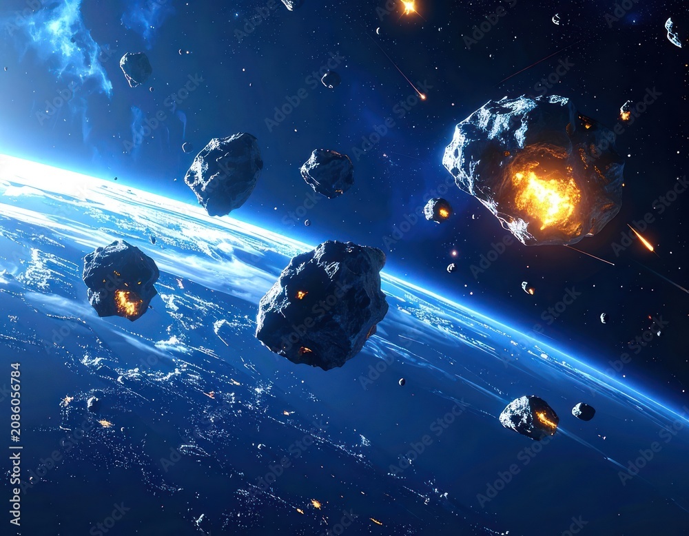 Fototapeta premium An asteroid field approaches the Earth, with some asteroids burning bright with internal fires as they hurtle through space towards the planet.