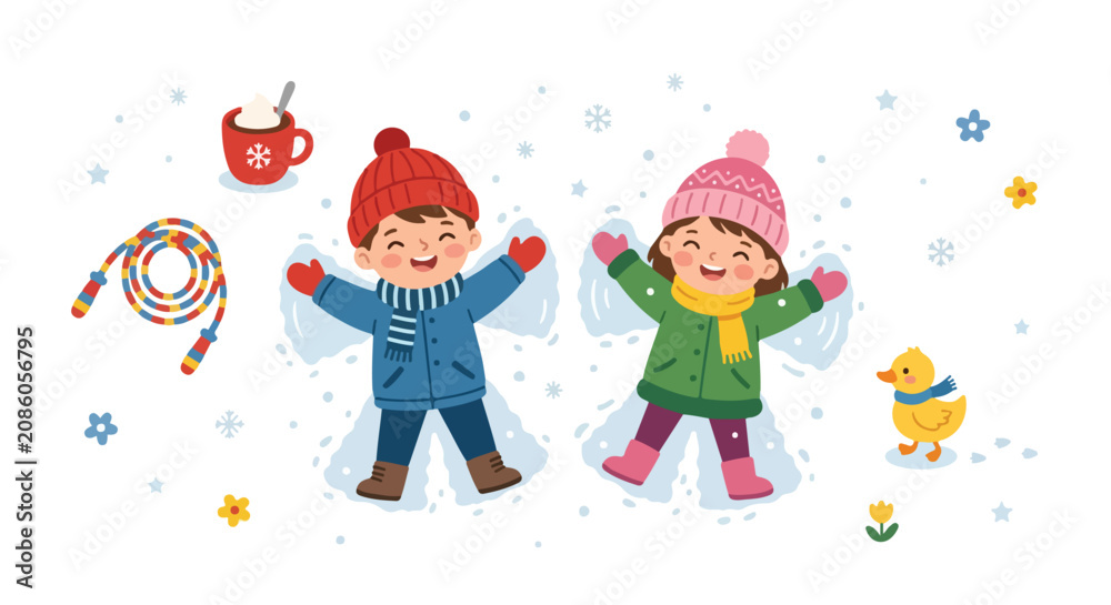 Fototapeta premium Two happy children in winter clothes are making snow angels on the ground surrounded by snowflakes, a hot cocoa mug, and a little duck.