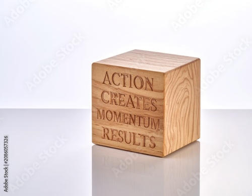 A wooden cube engraved with the words ACTION, CREATES, MOMENTUM, RESULTS sits on a reflective surface.