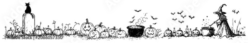 Photography Halloween witch stirring cauldron with black cat on tombstone and pumpkins in de