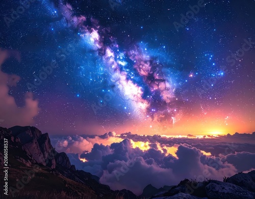 A breathtaking view of the Milky Way galaxy stretching across a starry night sky above a sea of clouds and rugged mountain peaks.