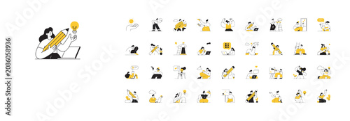Creative concept illustrations of people working on ideas with pencils and light bulbs in yellow
