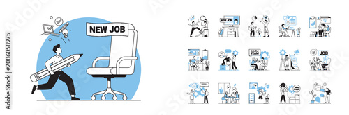 New job concept illustration with office chair and creative employee in flat vector style