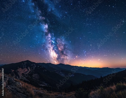 The Milky Way galaxy arches majestically over a rugged mountain range at dusk.