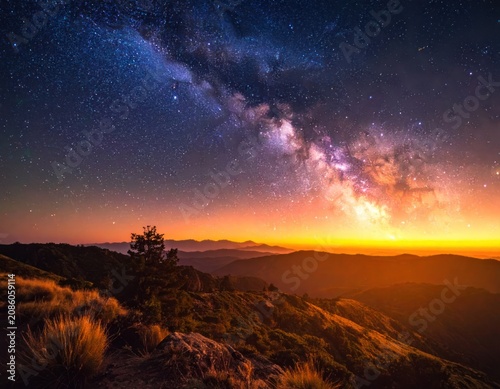 The Milky Way galaxy stretches across the starry night sky above a mountain landscape bathed in the warm glow of sunset.