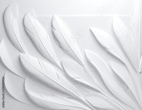 A minimalist 3D render showcases a collection of white feathers arranged in a dynamic, overlapping pattern against a bright white background.