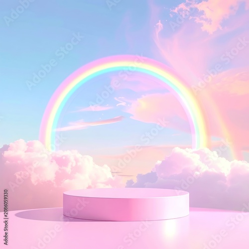 A pastel-colored digital artwork features a pink podium set against a sky with fluffy pink clouds and a vibrant rainbow.