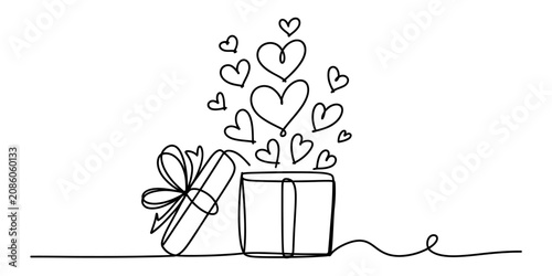 Continuous single line drawing of an open gift box with many small hearts floating out of it representing love and surprise for a special celebration day Vector, illustration