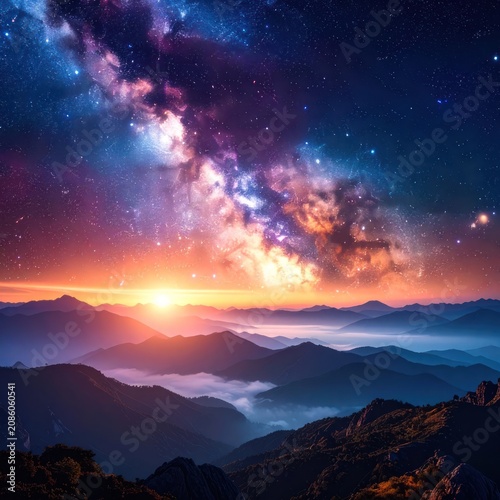A breathtaking view of the Milky Way galaxy stretching across the sky above a mountainous landscape at sunrise.