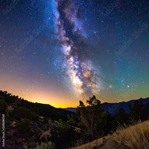 The Milky Way Galaxy arches majestically over a silhouetted mountainous landscape.