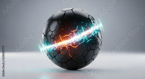 Conceptual textured black cracked orb featuring a glowing digital audio sound wave bursting through its center against a clean modern gray surface background