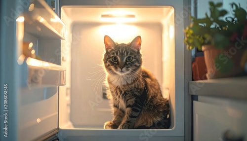 A curious cat sits inside an open refrigerator, illuminated by the interior light.