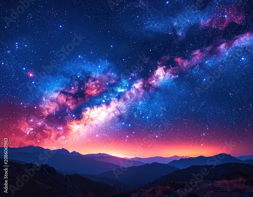 A breathtaking view of the vibrant Milky Way galaxy stretching across a starry night sky above silhouetted mountain ranges.