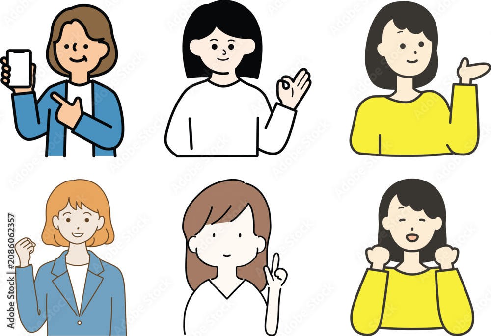 Fototapeta premium Illustration set featuring various women characters showing positive expressions and hand gestures.