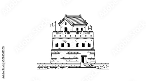Ancient Chinese Watchtower Line Art Illustration