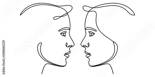 Bild auf Leinwand Continuous single line art drawing of two human faces looking at each other repr