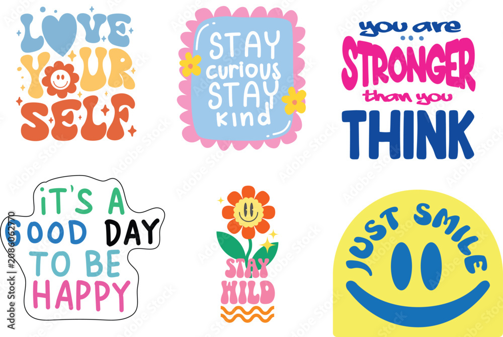 Fototapeta premium Positive affirmation quote stickers collection featuring retro typography and cute bright artwork.