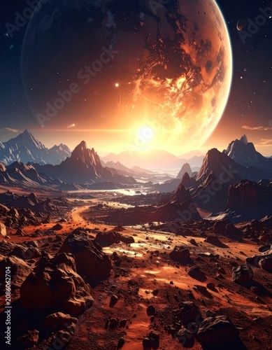 A breathtaking alien landscape unfolds beneath a colossal, fiery planet and a distant star.