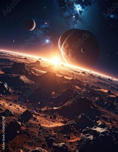 A breathtaking view of an alien planet's rugged terrain under a star-filled sky with a brilliant sun rising.