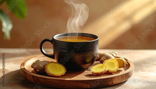 A steaming cup of ginger tea sits on a wooden tray with sliced ginger root.