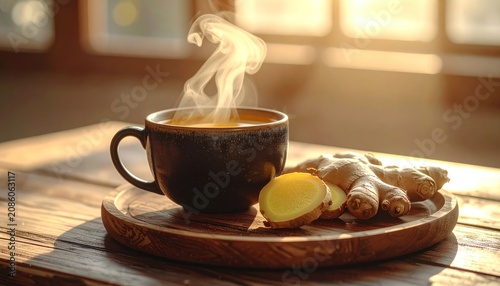 A steaming cup of ginger tea sits on a wooden tray with fresh ginger root and slices, bathed in warm morning sunlight.
