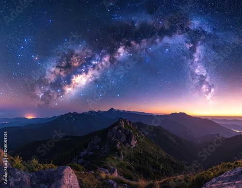 A breathtaking panorama of the Milky Way galaxy arching over a majestic mountain range at twilight.
