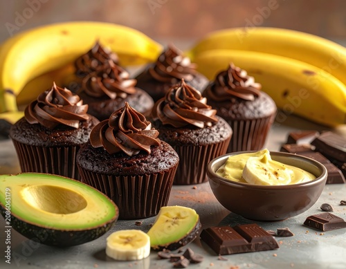 Delicious chocolate cupcakes with avocado, banana, and chocolate bar decorations.