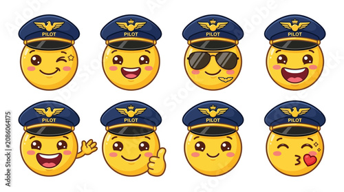 Set of cute cartoon pilot emojis with different expressions and wearing pilot hats.