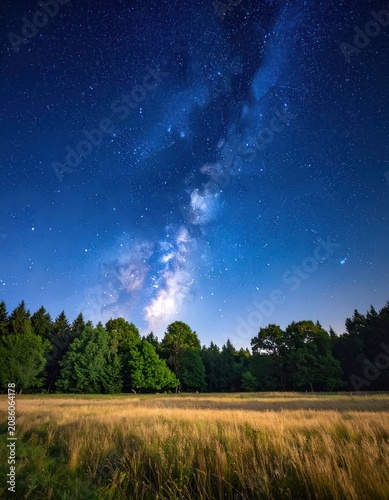 A vibrant Milky Way galaxy stretches across a clear night sky above a golden field and lush green forest.