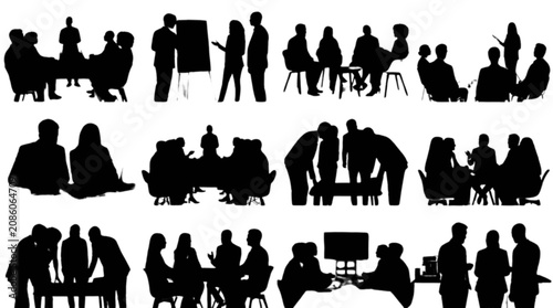 Silhouette people sitting and standing in casual conversation groups isolated on transparent background, Vector